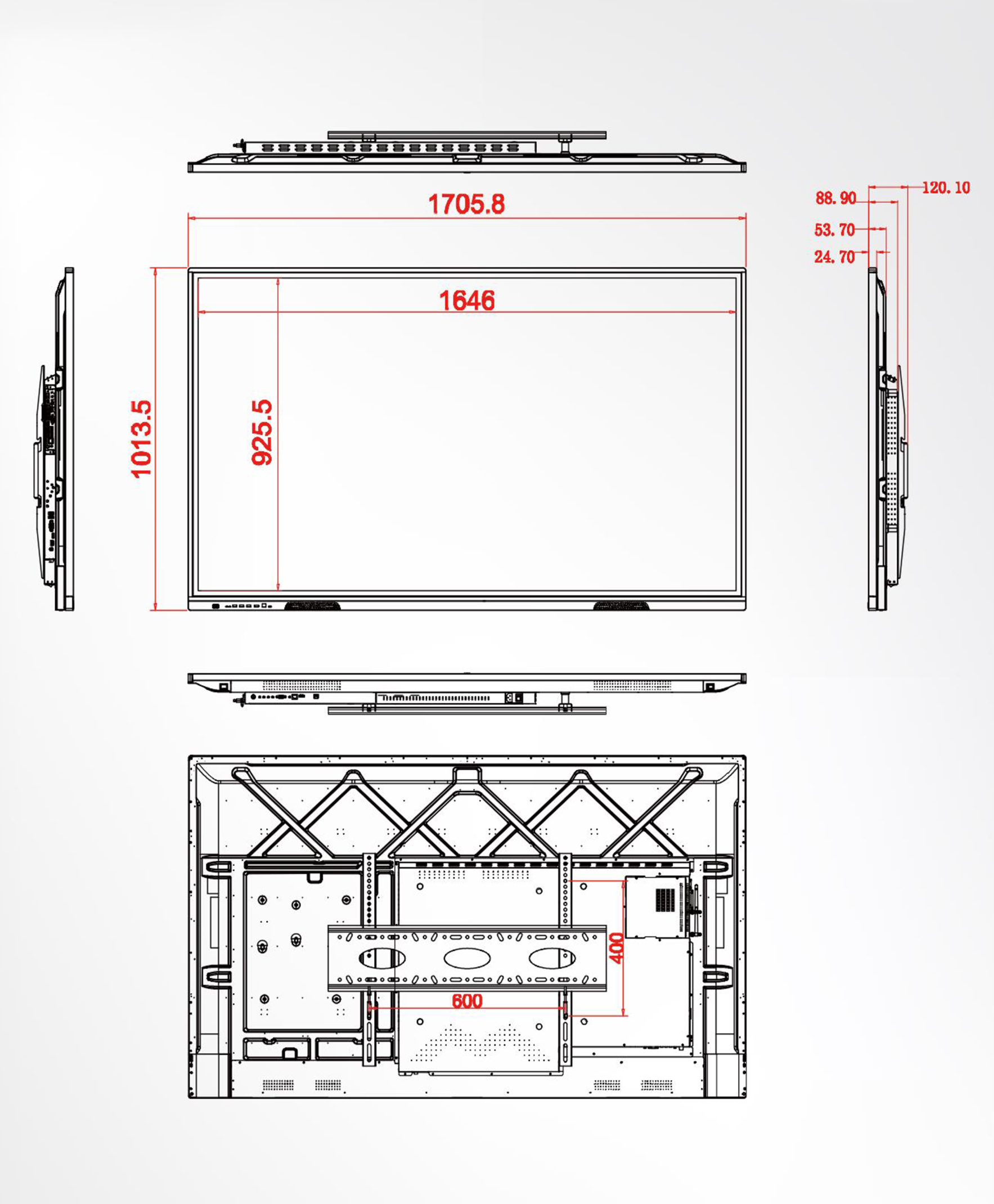 Product dimensions and six views – 75 Inch